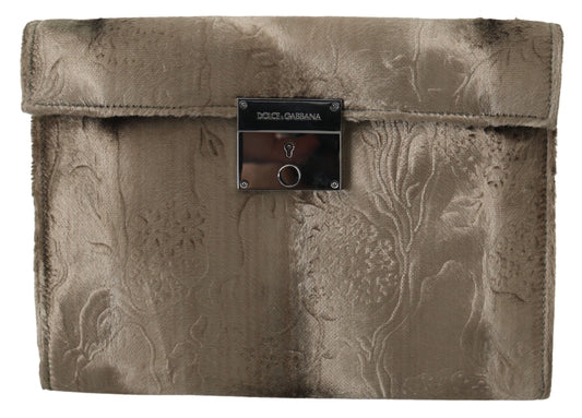 Dolce &amp; Gabbana Porte-documents en cuir floral en velours beige pour hommes