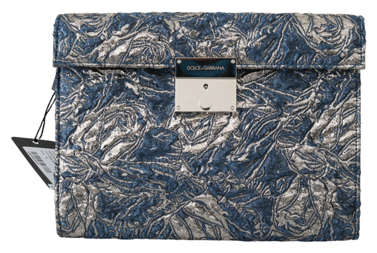 Dolce &amp; Gabbana Blau-Silberfarbene Dokumententasche aus Jacquard-Leder