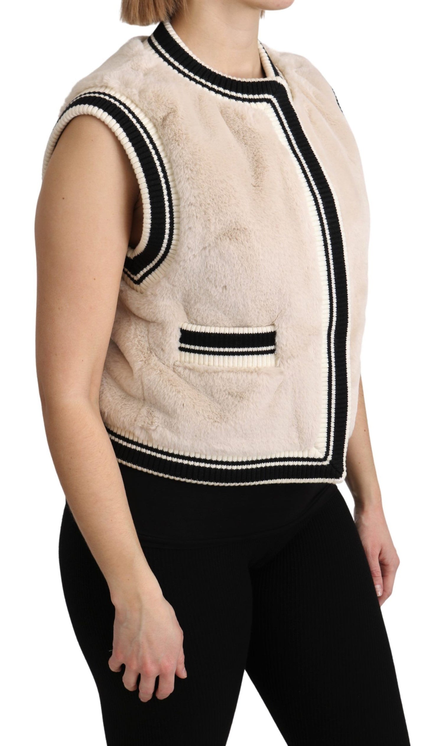 Dolce &amp; Gabbana Beige Pelz ärmellose Weste Polyester Top