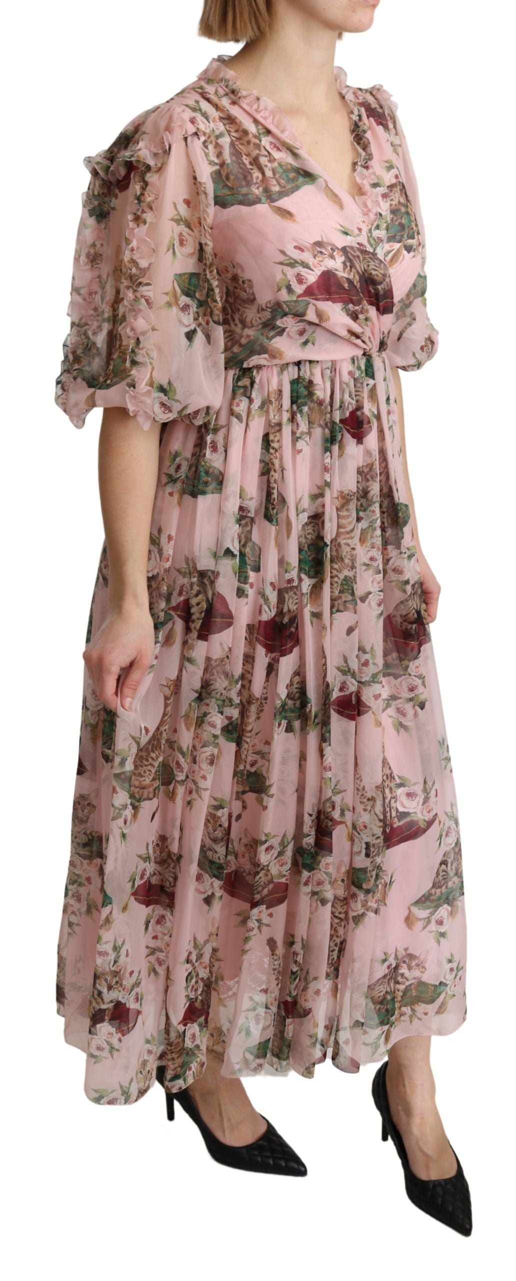 Dolce &amp; Gabbana Rosa A-Linien-Maxi-Seidenkleid mit Bengalkatzen-Print