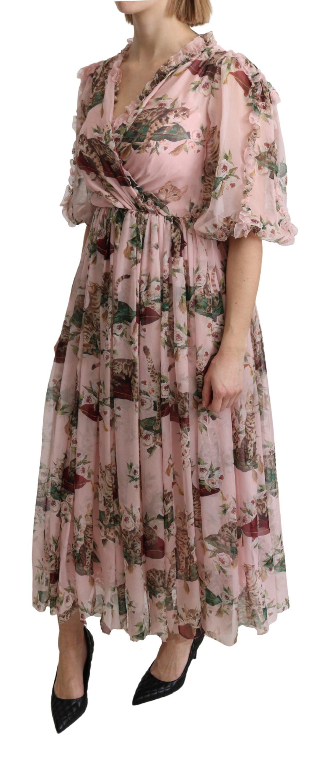 Dolce &amp; Gabbana Robe longue trapèze en soie rose à imprimé chat du Bengale