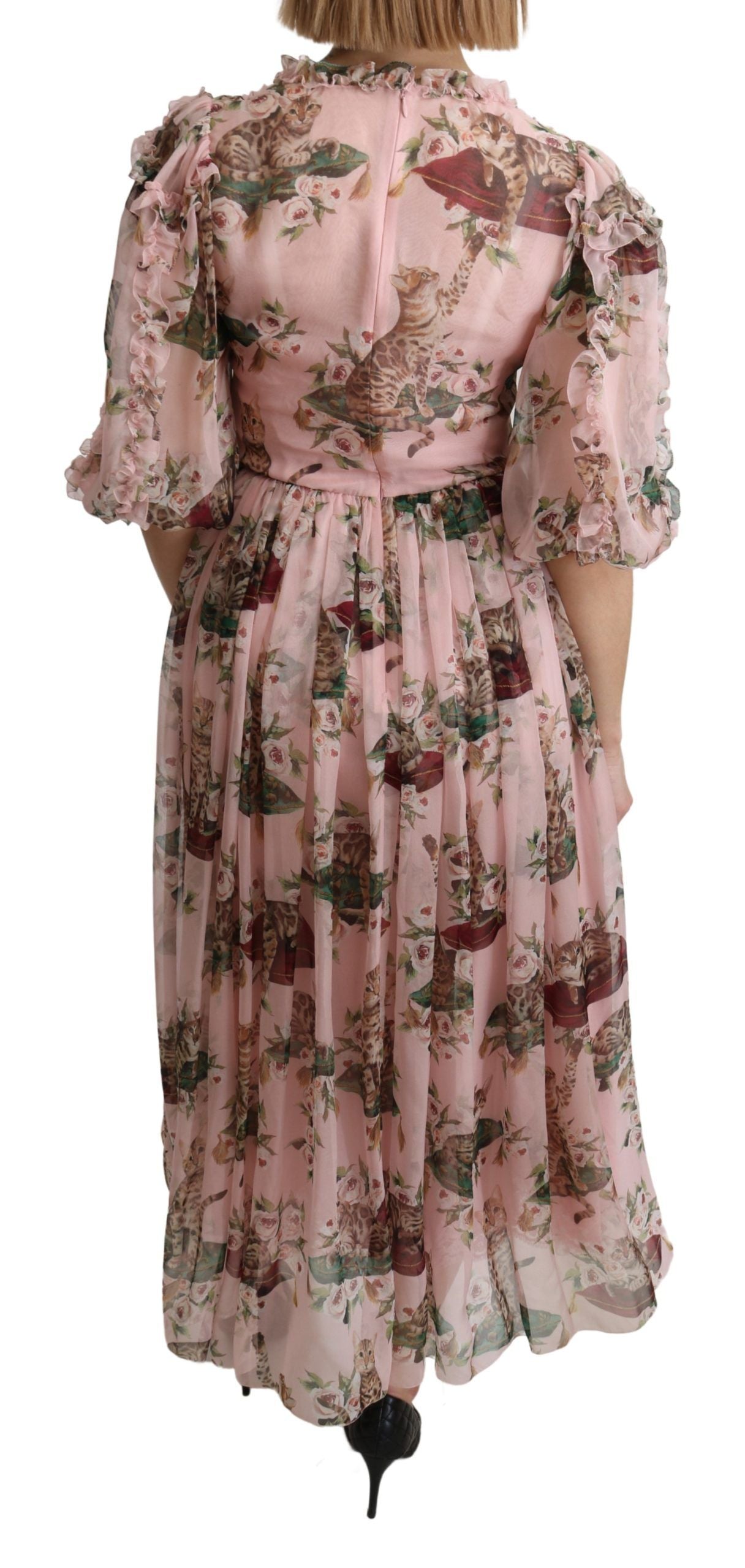 Dolce &amp; Gabbana Robe longue trapèze en soie rose à imprimé chat du Bengale