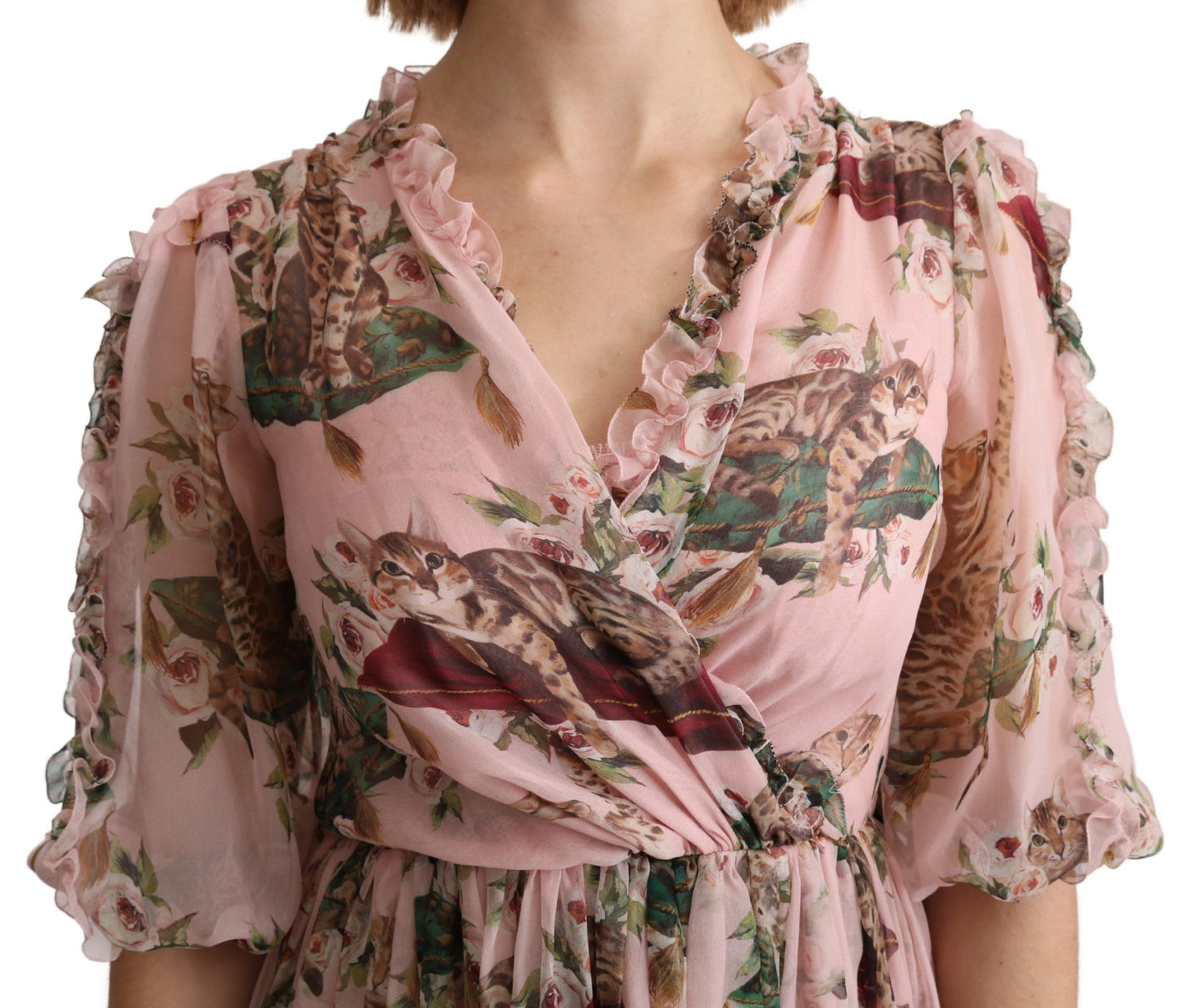 Dolce &amp; Gabbana Robe longue trapèze en soie rose à imprimé chat du Bengale