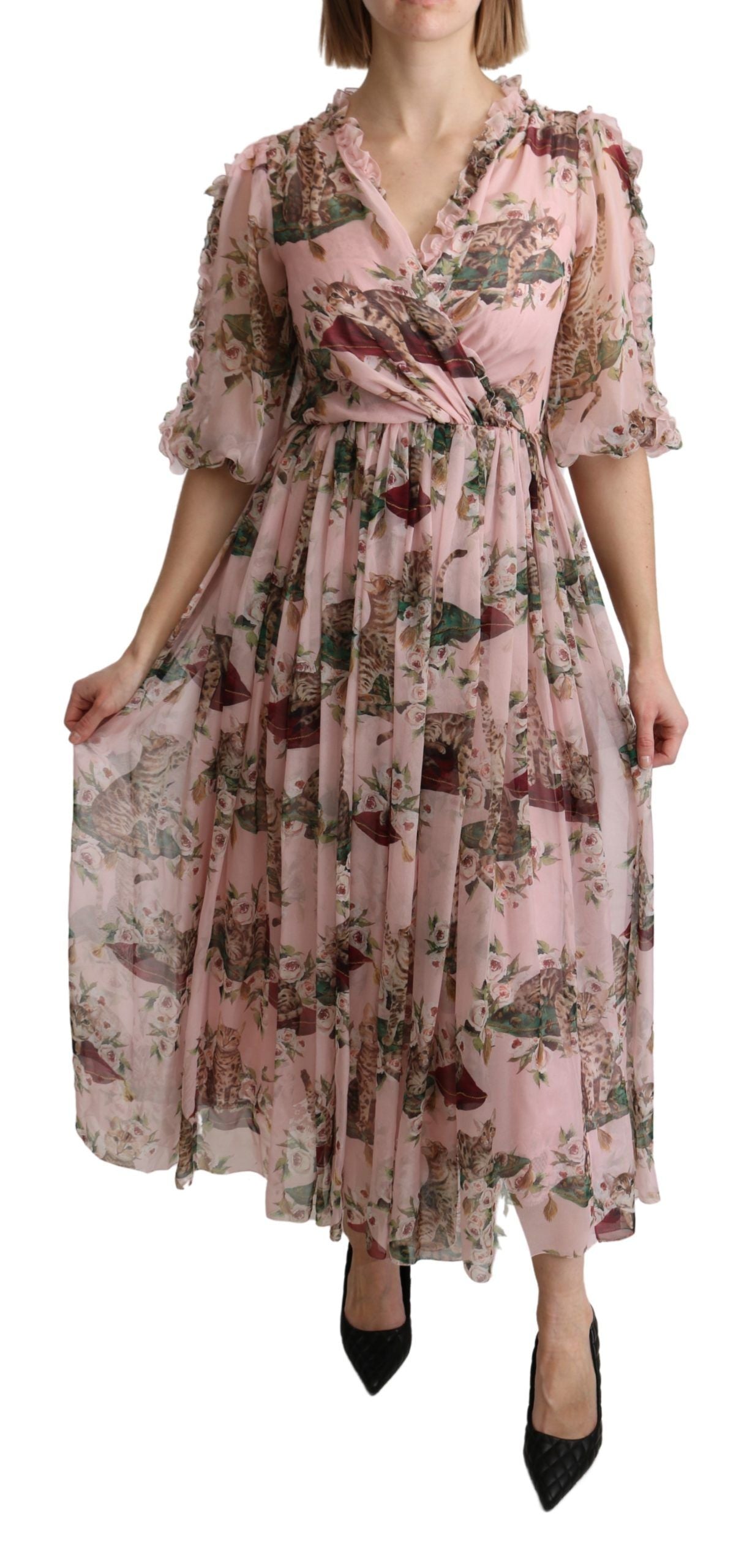 Dolce &amp; Gabbana Robe longue trapèze en soie rose à imprimé chat du Bengale