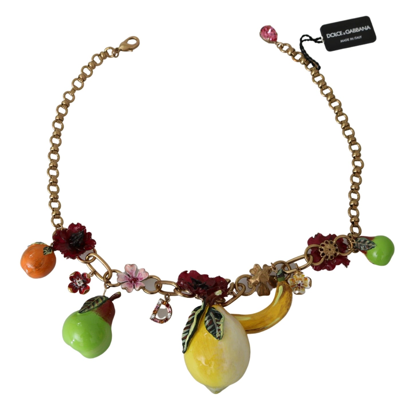 Dolce &amp; Gabbana FRUIT Pendentifs Fleurs Cristal DG Logo Collier en laiton doré