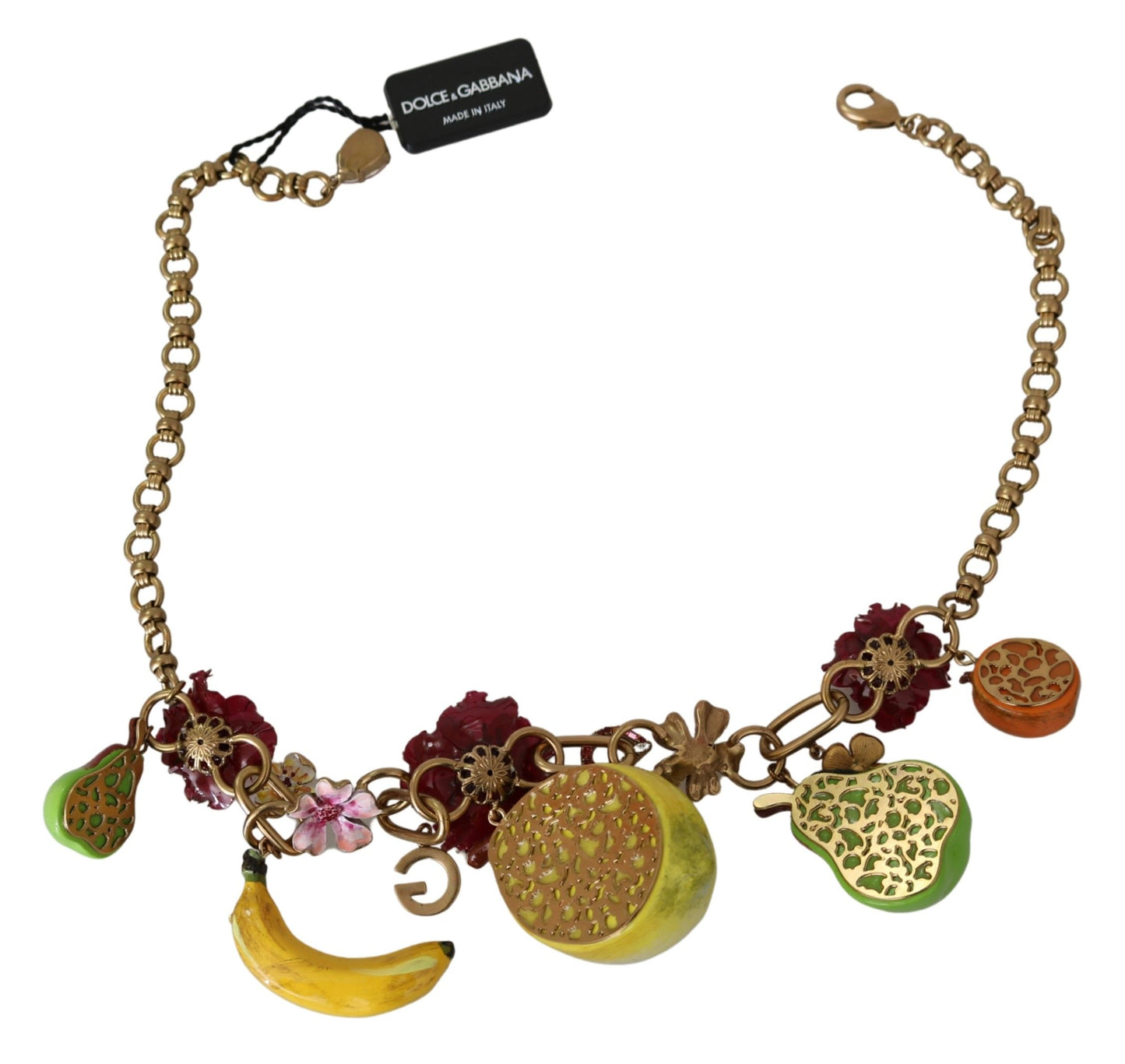 Dolce &amp; Gabbana FRUIT Anhänger Blumen Kristall DG Logo Gold Messing Halskette