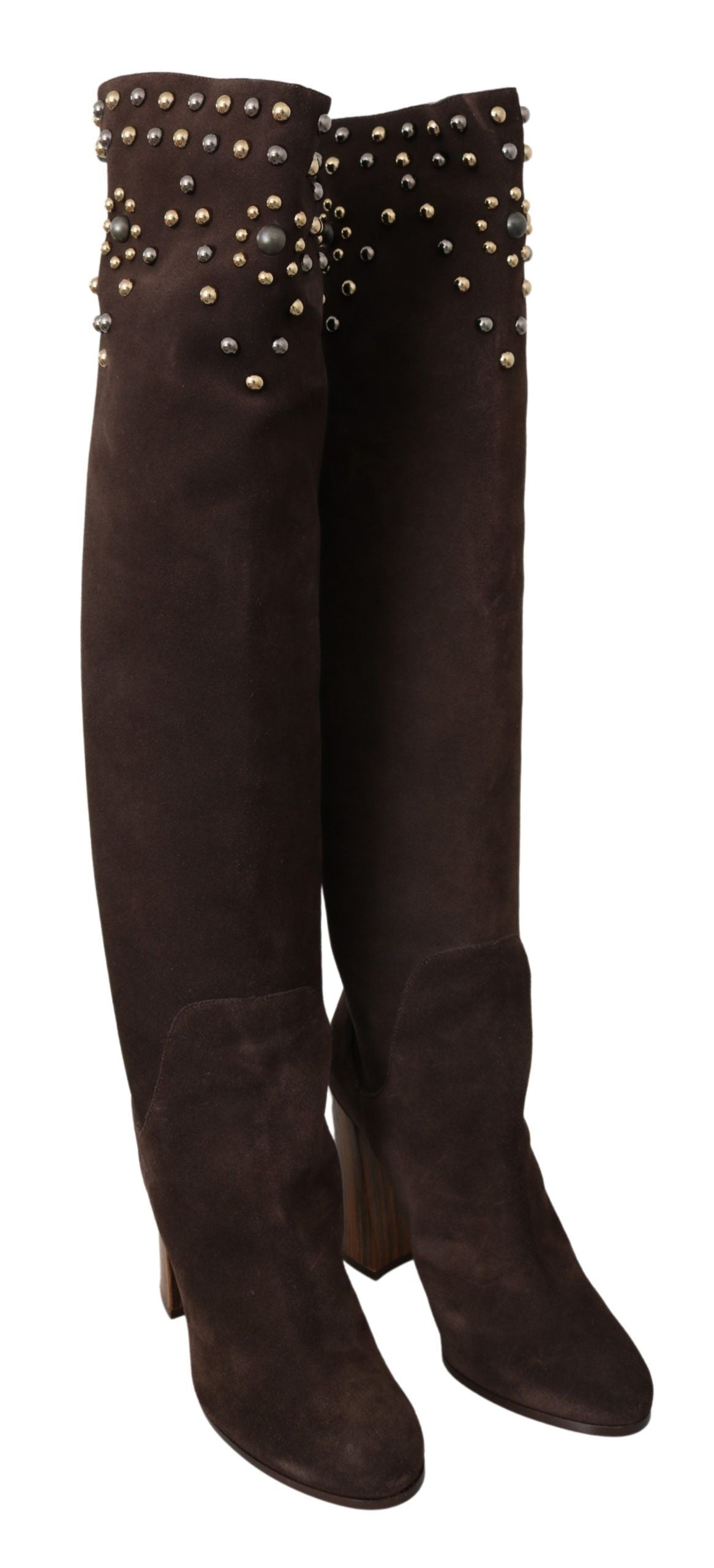 Dolce &amp; Gabbana Bottes hautes cloutées en daim marron