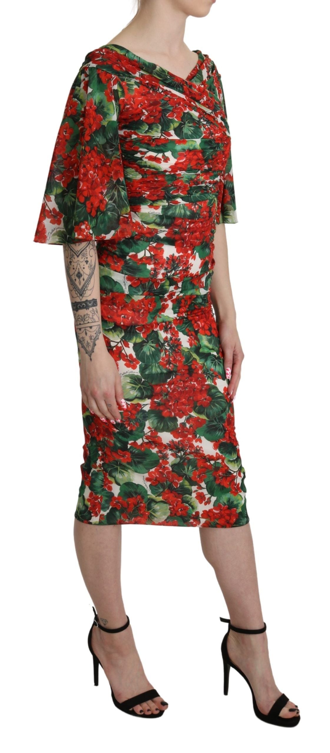 Dolce &amp; Gabbana Robe fourreau midi en soie stretch rouge à fleurs