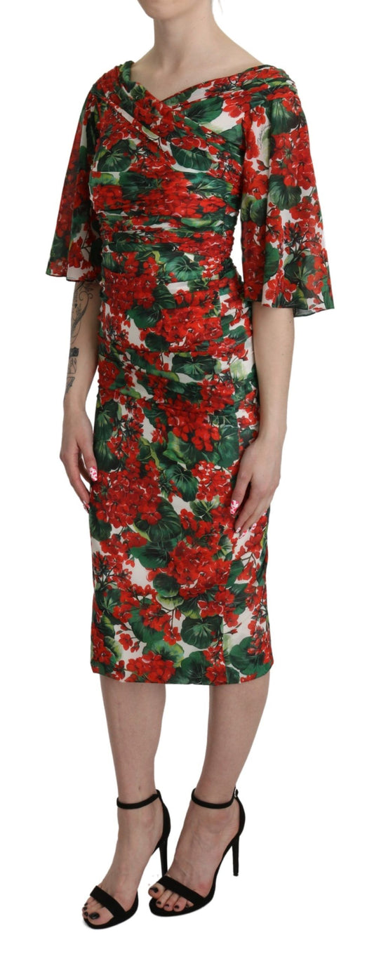 Dolce &amp; Gabbana Robe fourreau midi en soie stretch rouge à fleurs