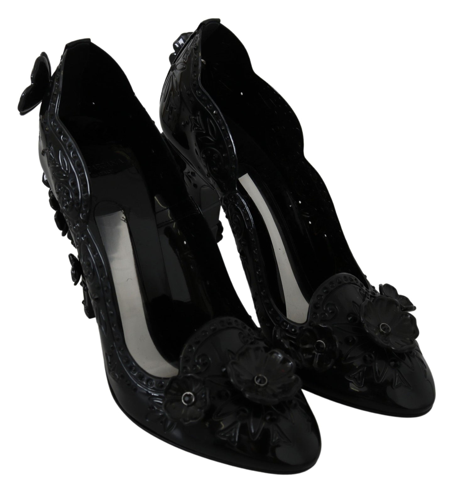 Dolce &amp; Gabbana schwarze CINDERELLA-Absatzschuhe mit Blumenkristall und Kristallen