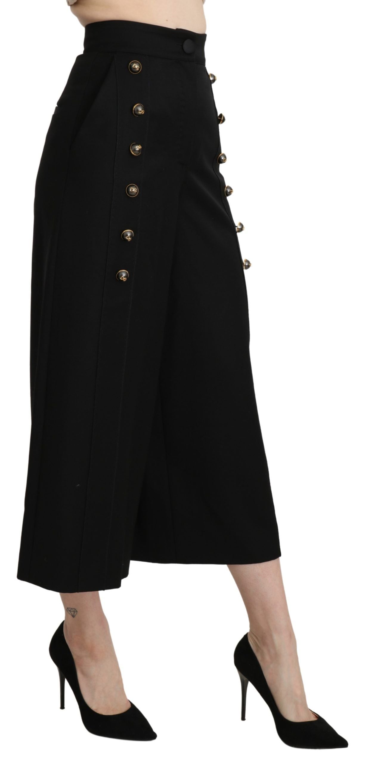 Dolce &amp; Gabbana Schwarze, kurze Hose mit weitem Bein aus Wolle