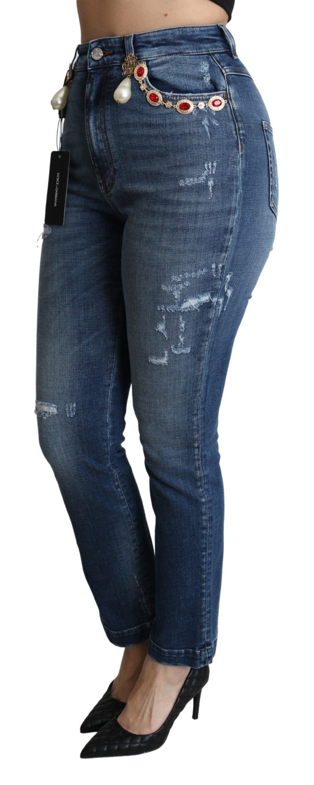 Blaue, mit Kristallen verzierte Slim-Fit-Hosenjeans von Dolce &amp; Gabbana