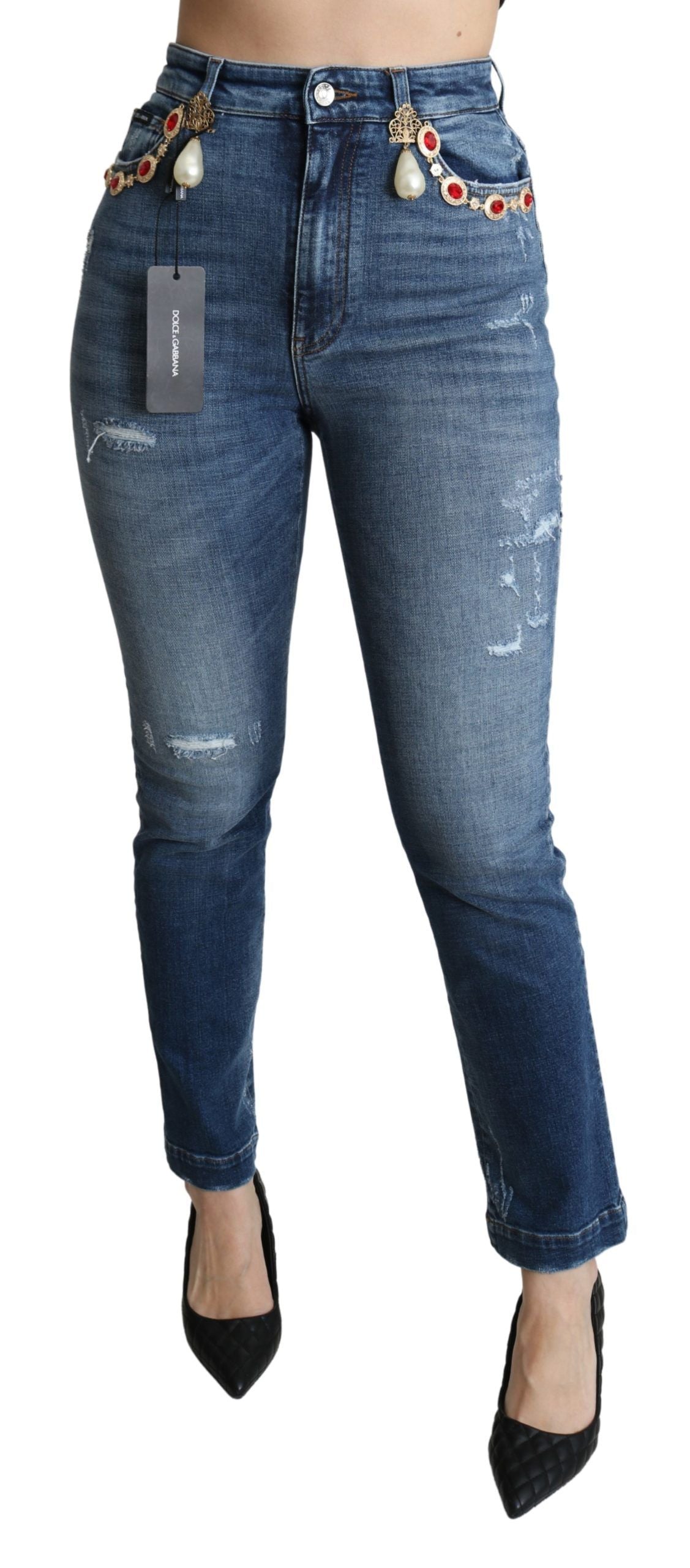 Blaue, mit Kristallen verzierte Slim-Fit-Hosenjeans von Dolce &amp; Gabbana