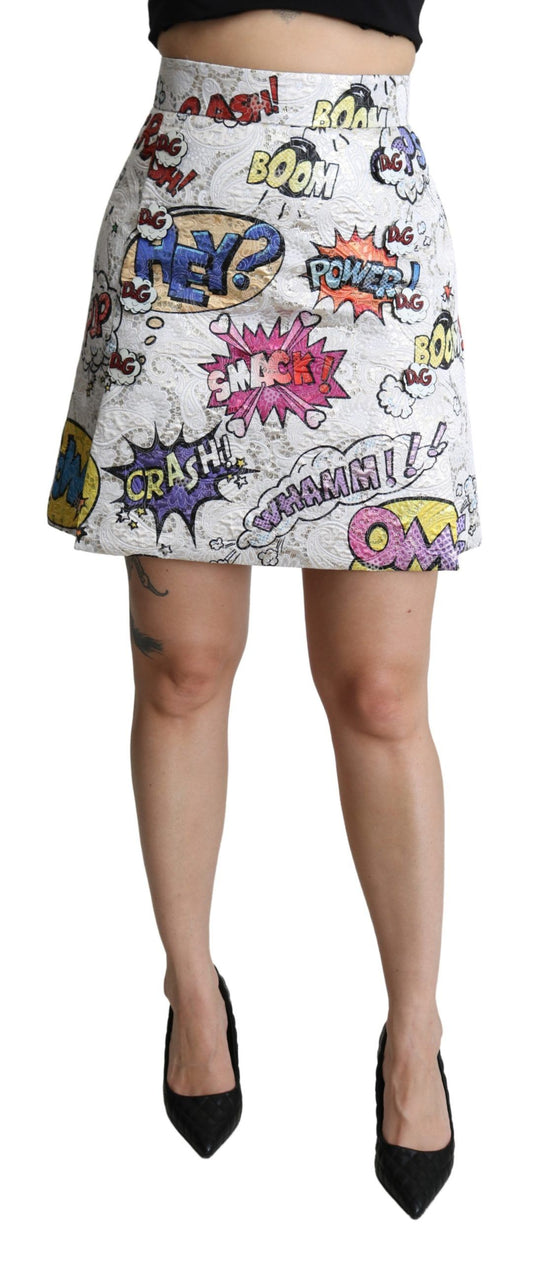 Dolce &amp; Gabbana Weißer Cartoon-Brokat-Rock in A-Linie mit hoher Taille