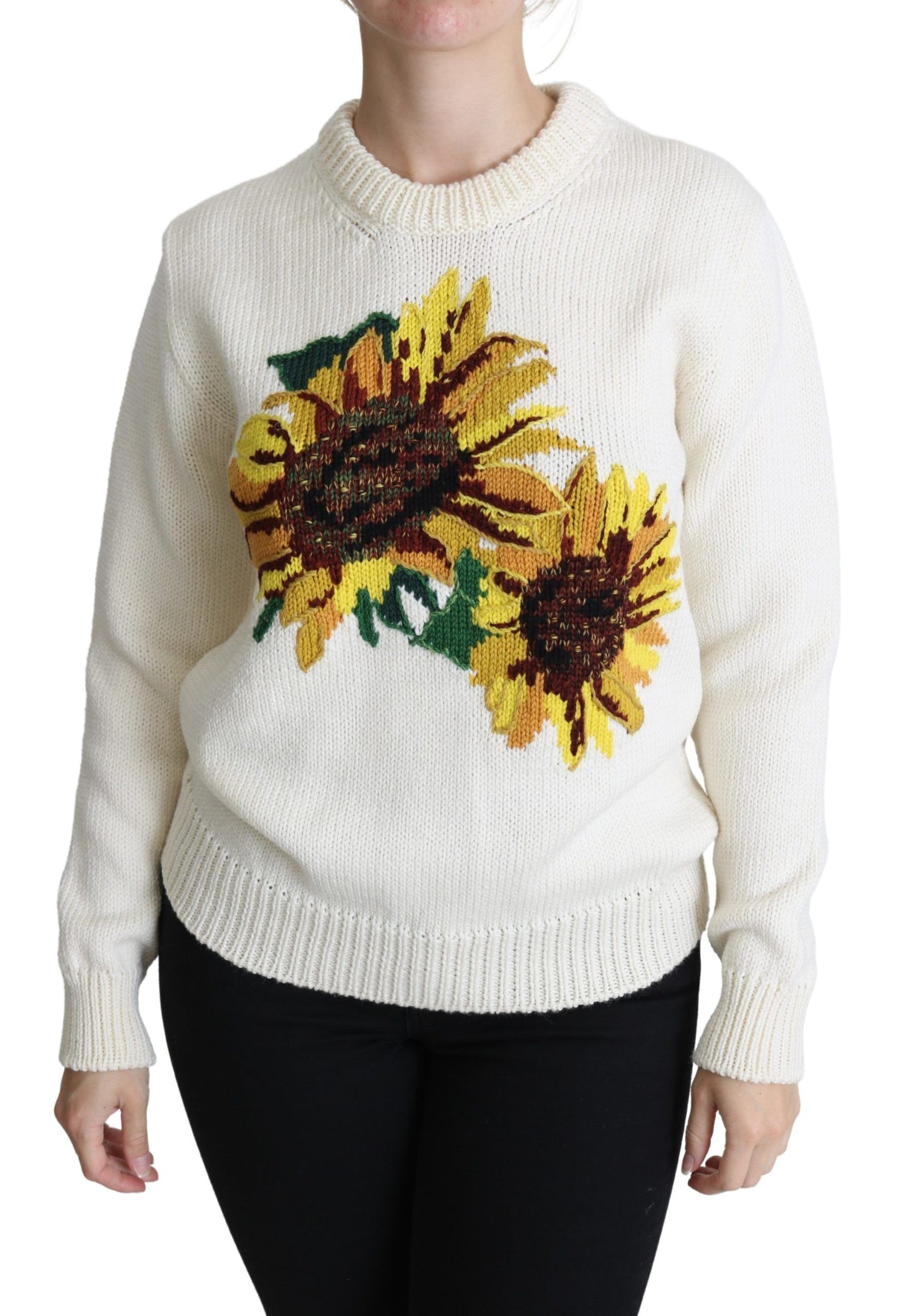 Dolce &amp; Gabbana Weißer Blumenwollpullover mit Sonnenblumenmuster