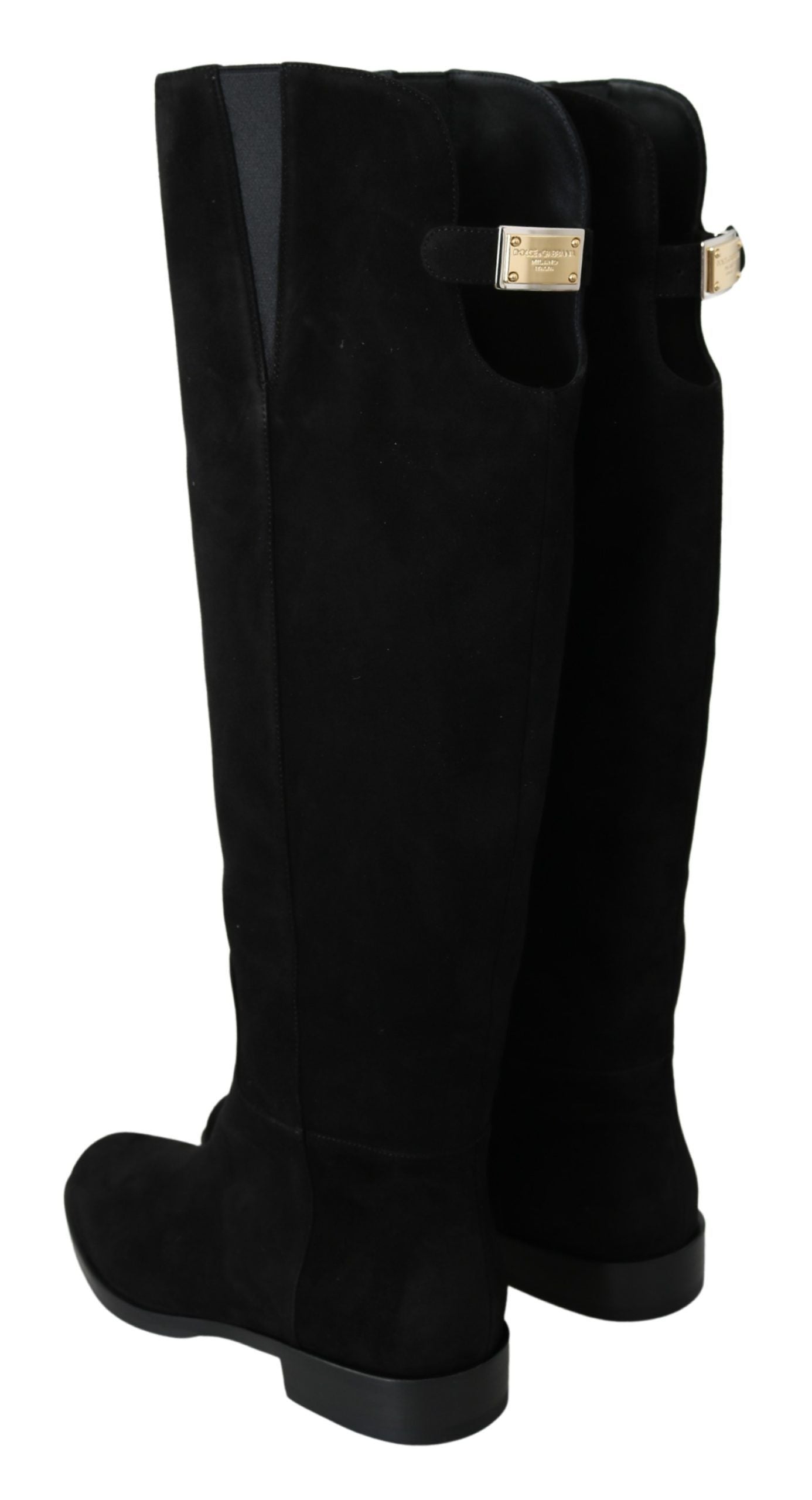 Dolce &amp; Gabbana Schwarze kniehohe flache Stiefel aus Wildleder