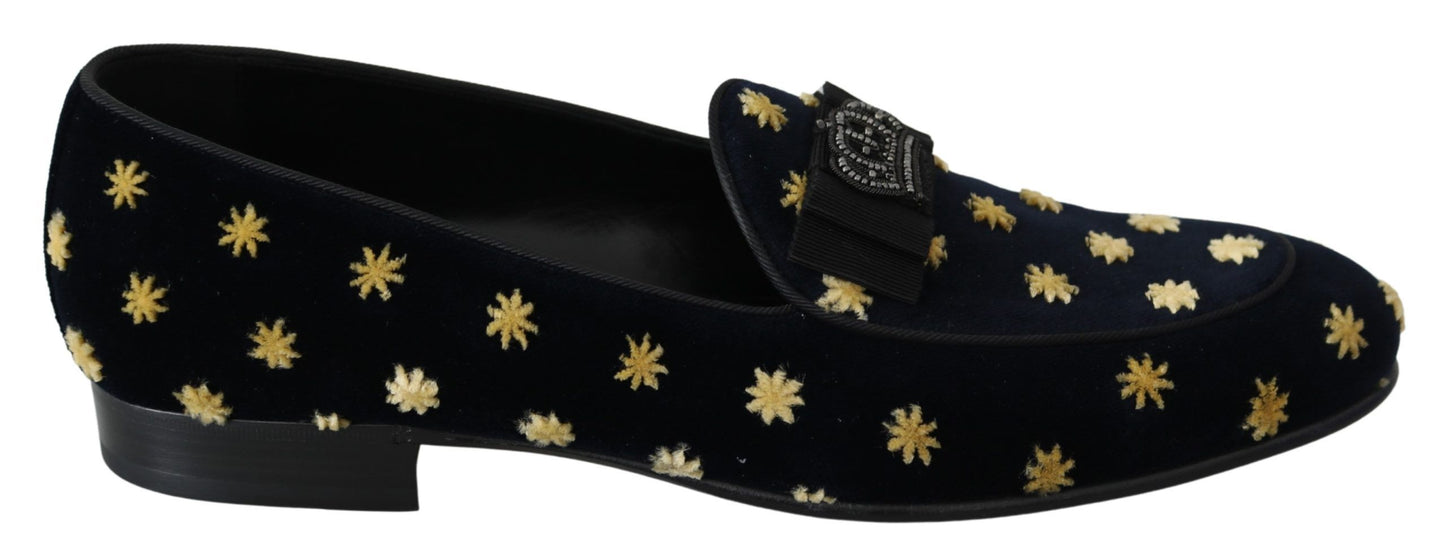 Dolce &amp; Gabbana Blue Velvet Crown Slipper Loafers Schuhe