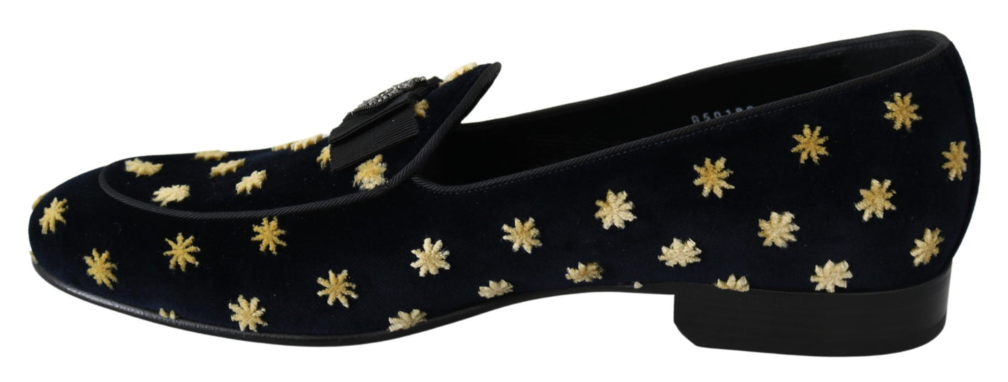 Dolce &amp; Gabbana Bleu Velours Couronne Pantoufles Mocassins Chaussures