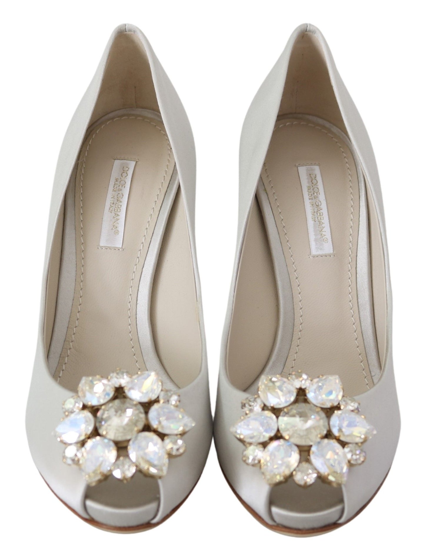 Dolce &amp; Gabbana Cristaux blancs Peep Toe Talons Escarpins En Satin Chaussures