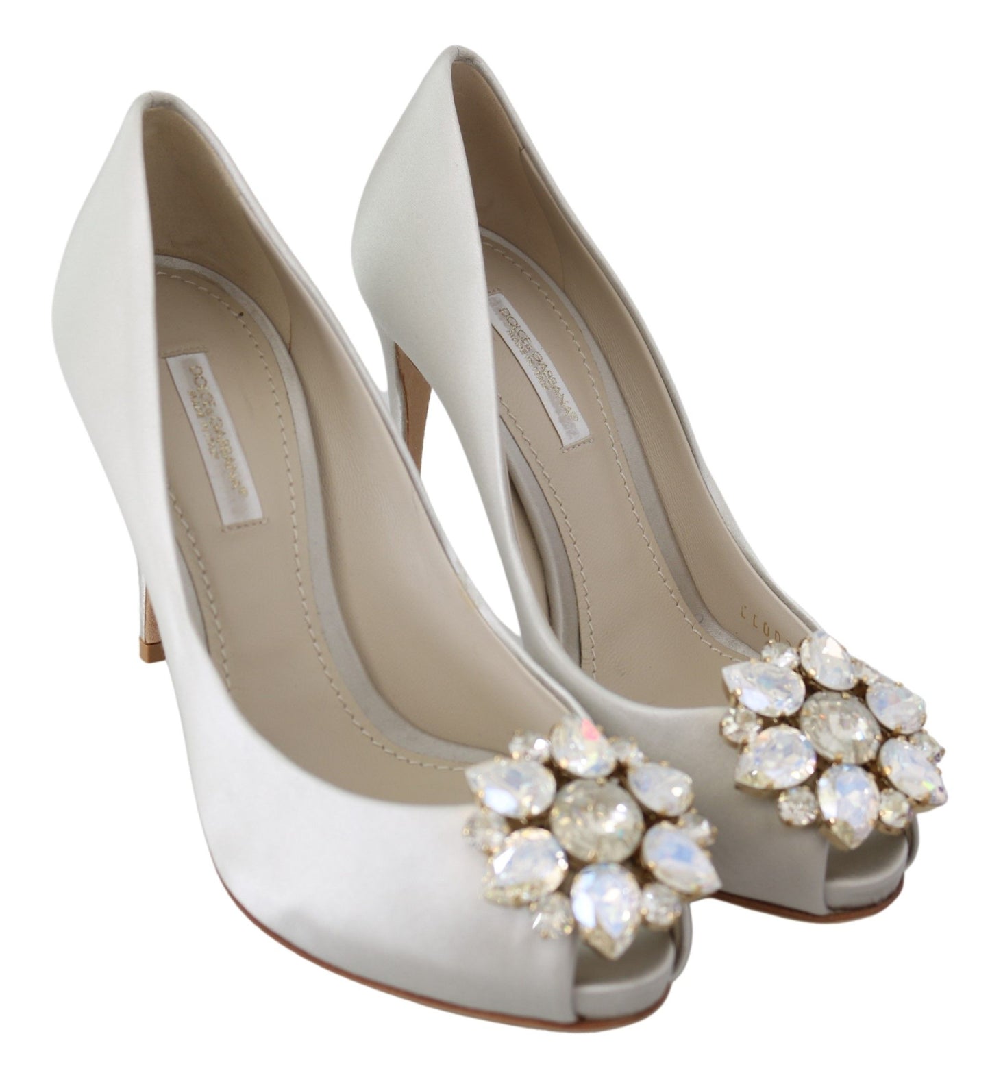 Dolce &amp; Gabbana Cristaux blancs Peep Toe Talons Escarpins En Satin Chaussures