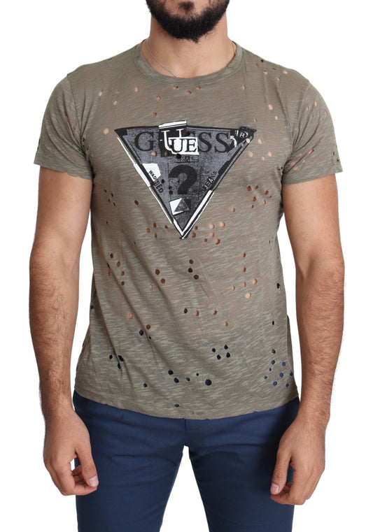 Guess T-shirt perforé décontracté en coton extensible avec logo imprimé marron pour hommes