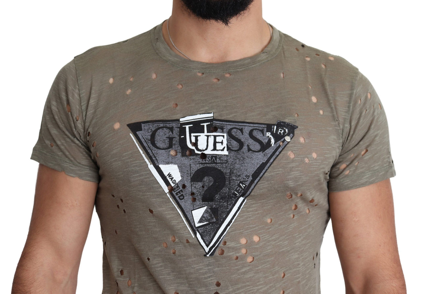 Guess Braunes Baumwoll-Stretch-Logo-Print-Männer-Lässiges, perforiertes T-Shirt