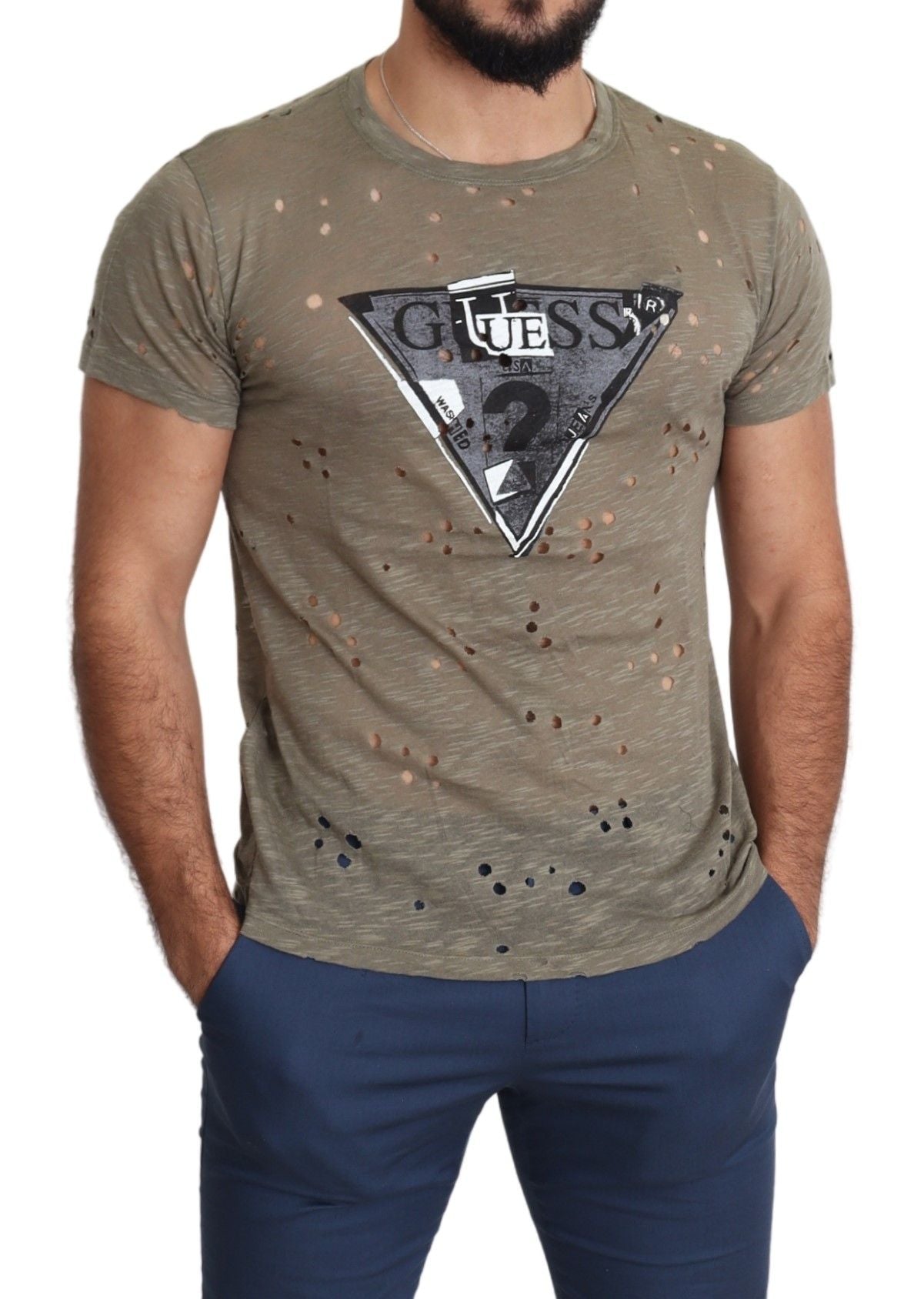 Guess Braunes Baumwoll-Stretch-Logo-Print-Männer-Lässiges, perforiertes T-Shirt