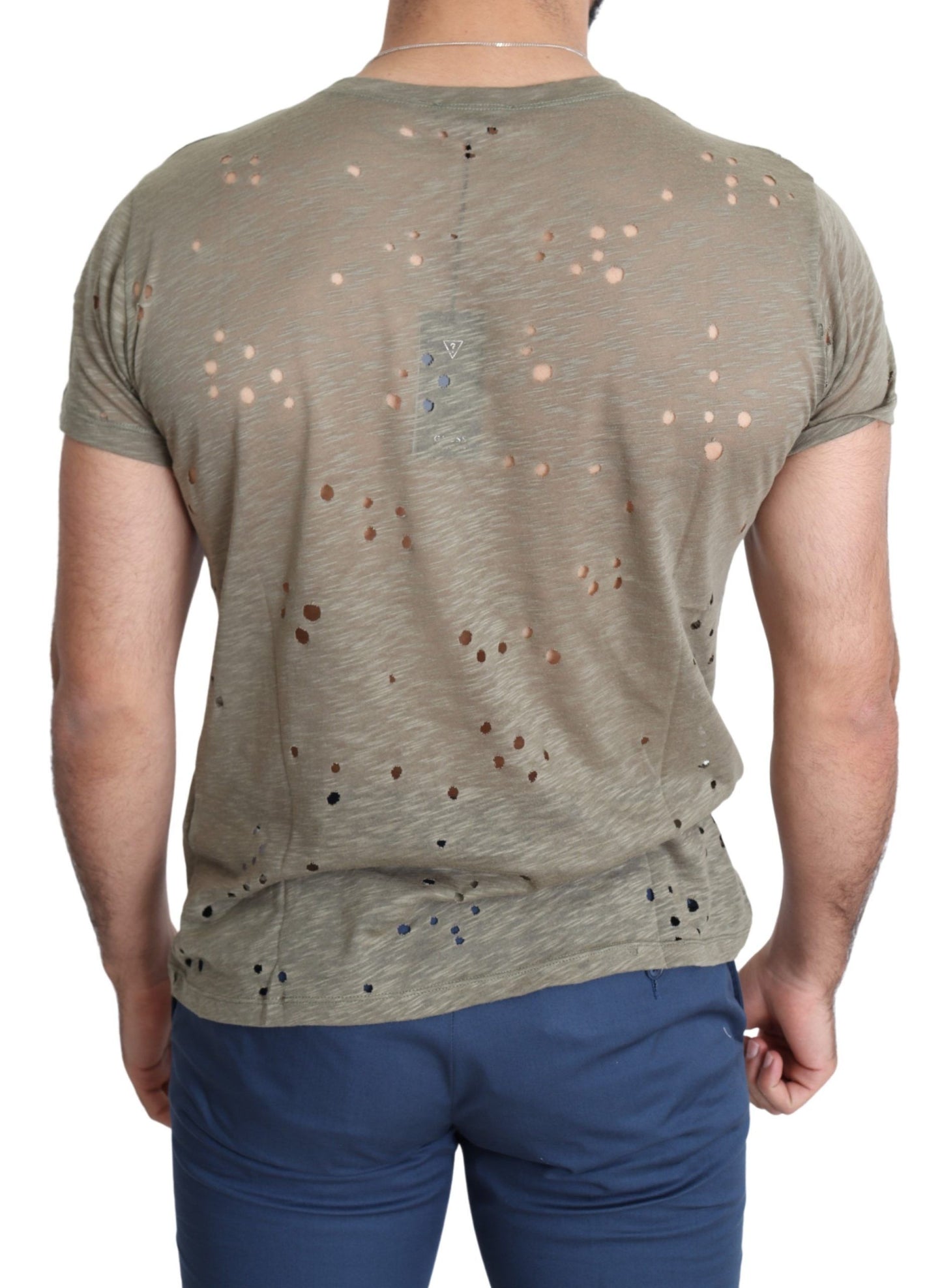 Guess T-shirt perforé décontracté en coton extensible avec logo imprimé marron pour hommes