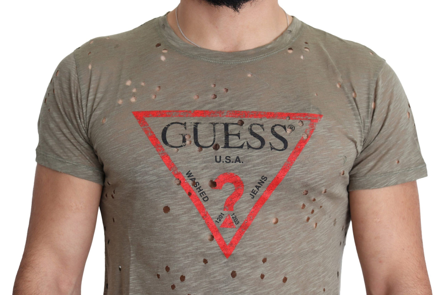 Guess T-shirt perforé décontracté en coton extensible avec logo imprimé marron pour hommes