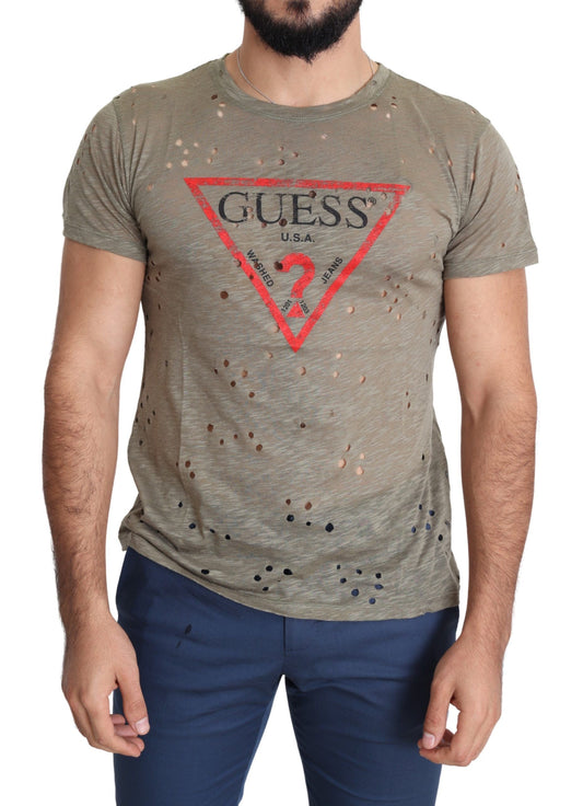 Guess T-shirt perforé décontracté en coton extensible avec logo imprimé marron pour hommes