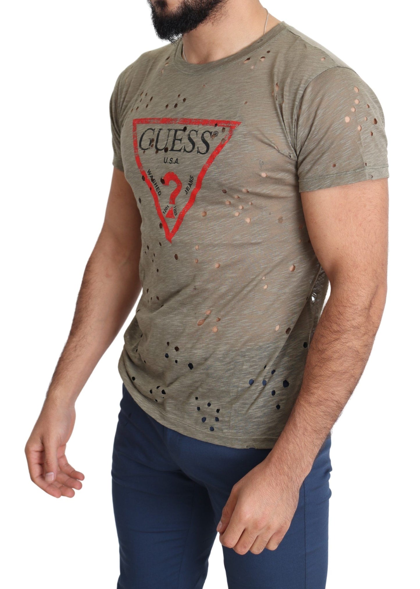 Guess T-shirt perforé décontracté en coton extensible avec logo imprimé marron pour hommes