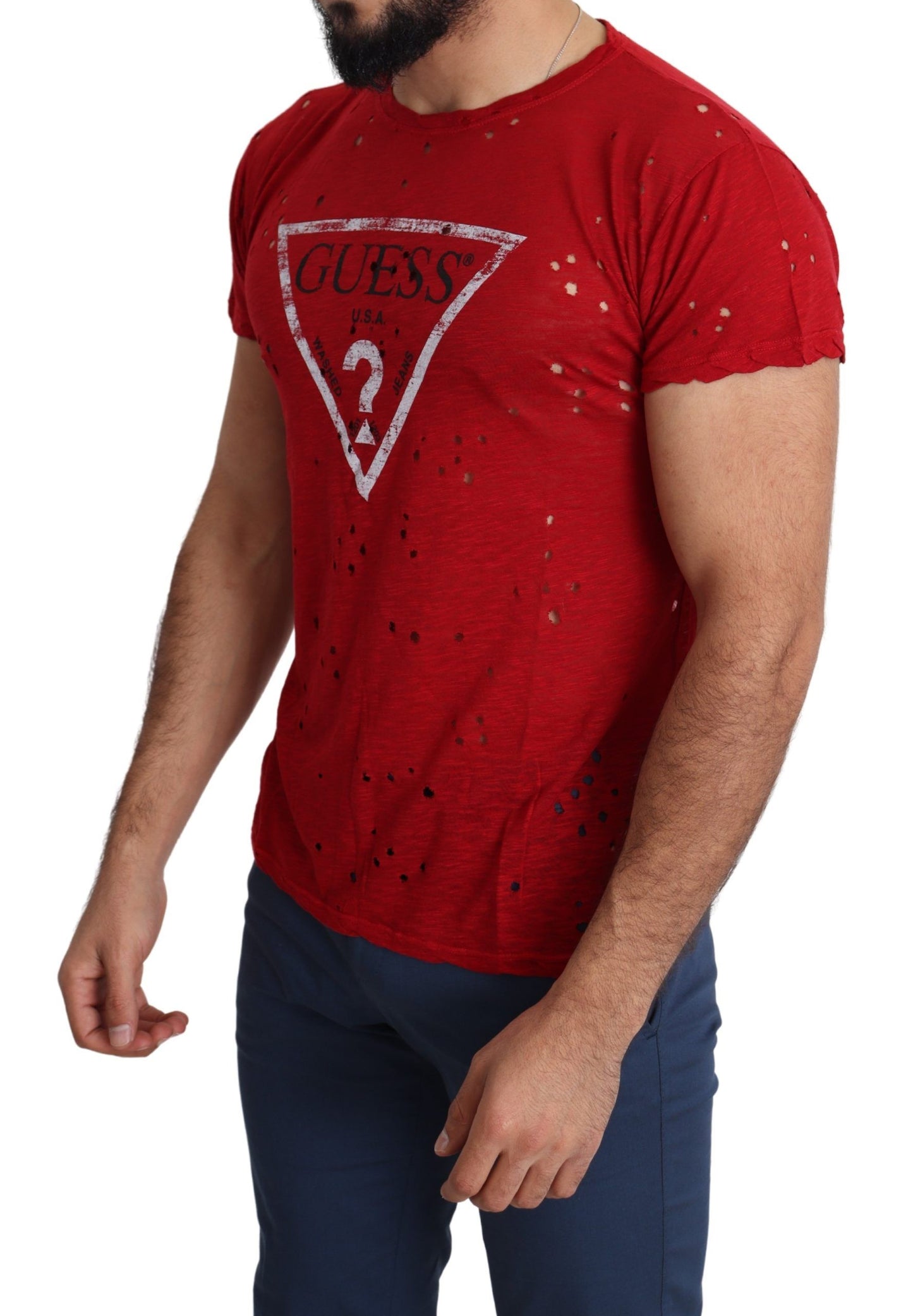 Guess T-shirt perforé en coton rouge avec logo imprimé pour hommes