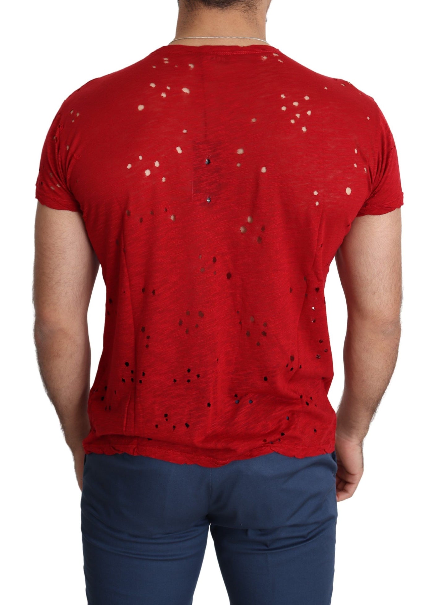 Guess T-shirt perforé en coton rouge avec logo imprimé pour hommes