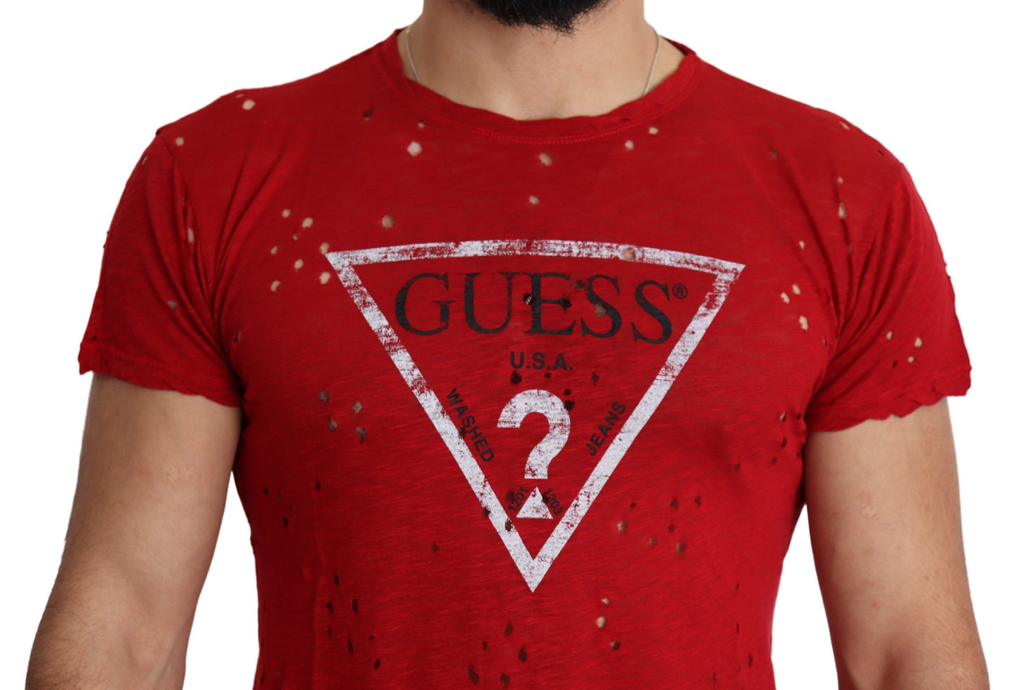 Guess T-shirt perforé en coton rouge avec logo imprimé pour hommes