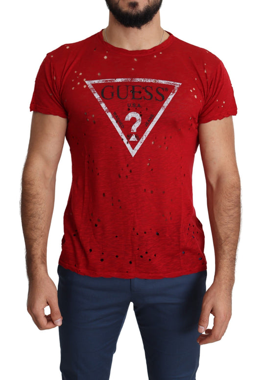 Guess T-shirt perforé en coton rouge avec logo imprimé pour hommes