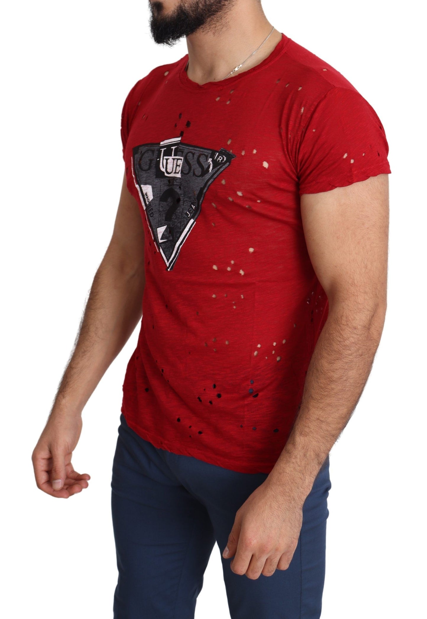 Guess T-shirt perforé en coton rouge avec logo imprimé pour hommes