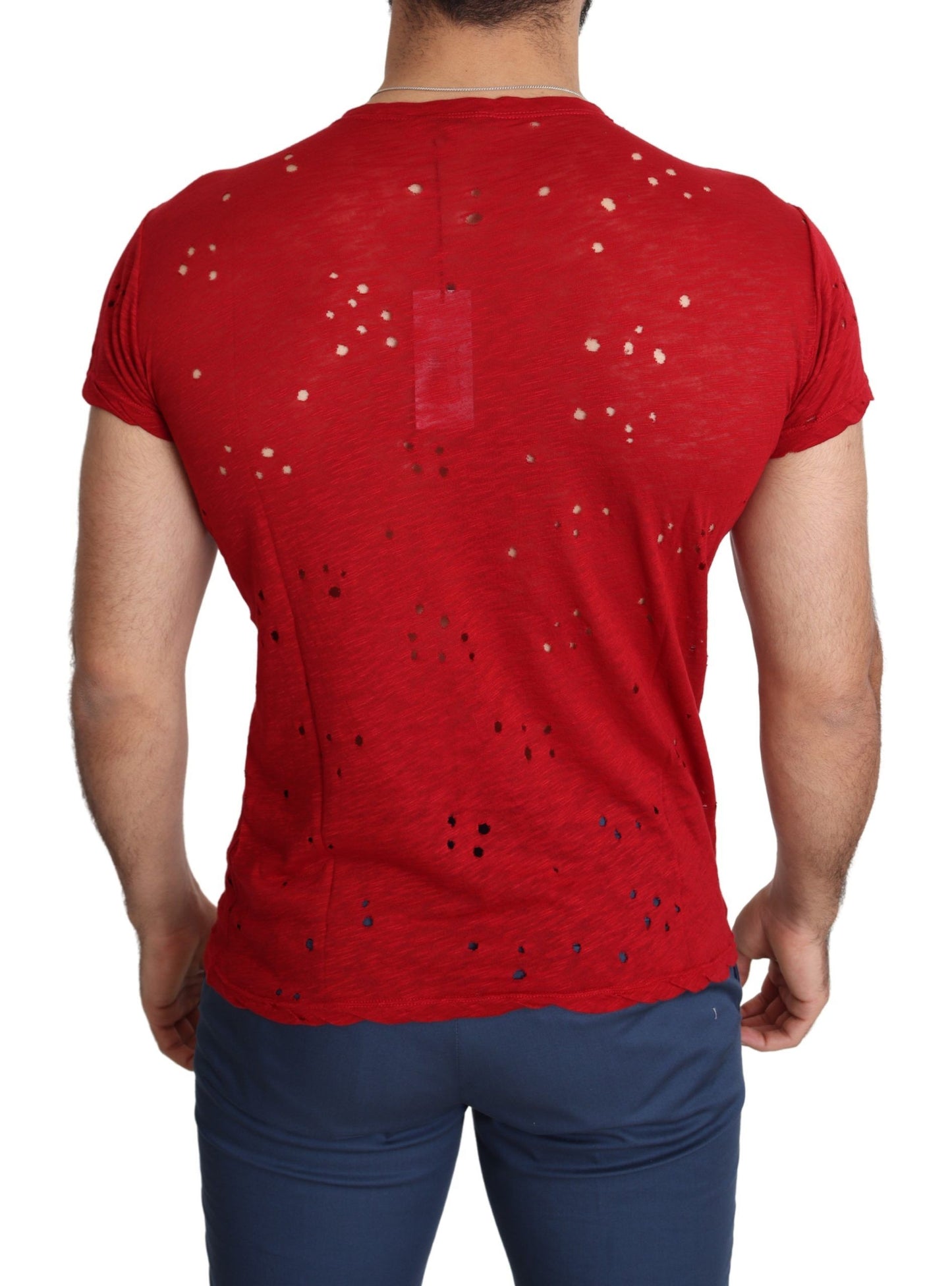 Guess T-shirt perforé en coton rouge avec logo imprimé pour hommes