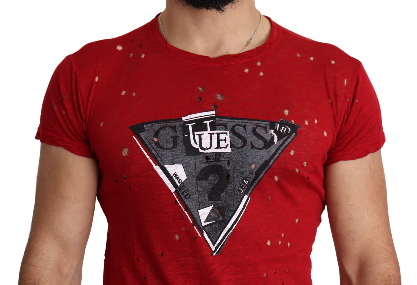 Guess T-shirt perforé en coton rouge avec logo imprimé pour hommes