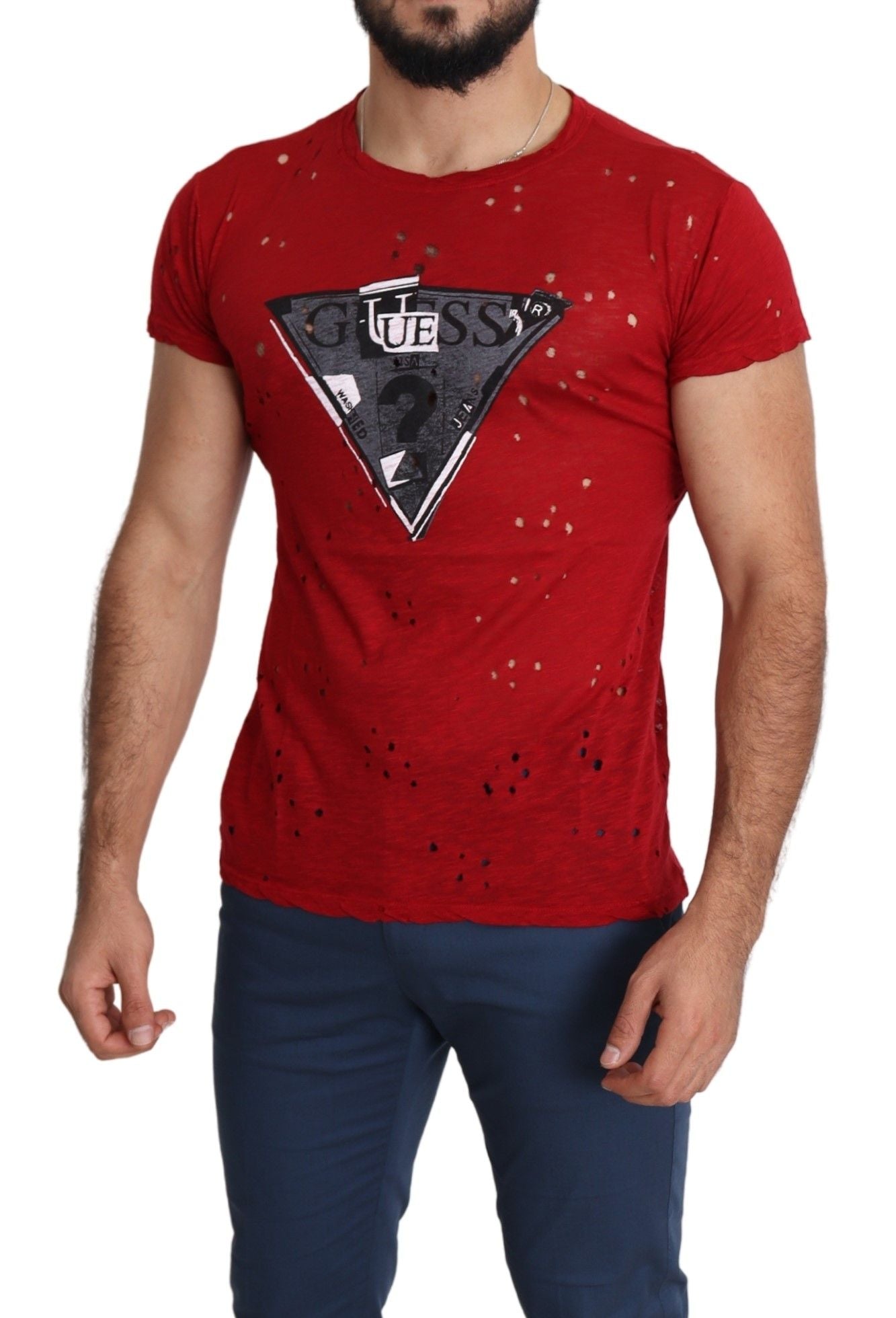 Guess T-shirt perforé en coton rouge avec logo imprimé pour hommes