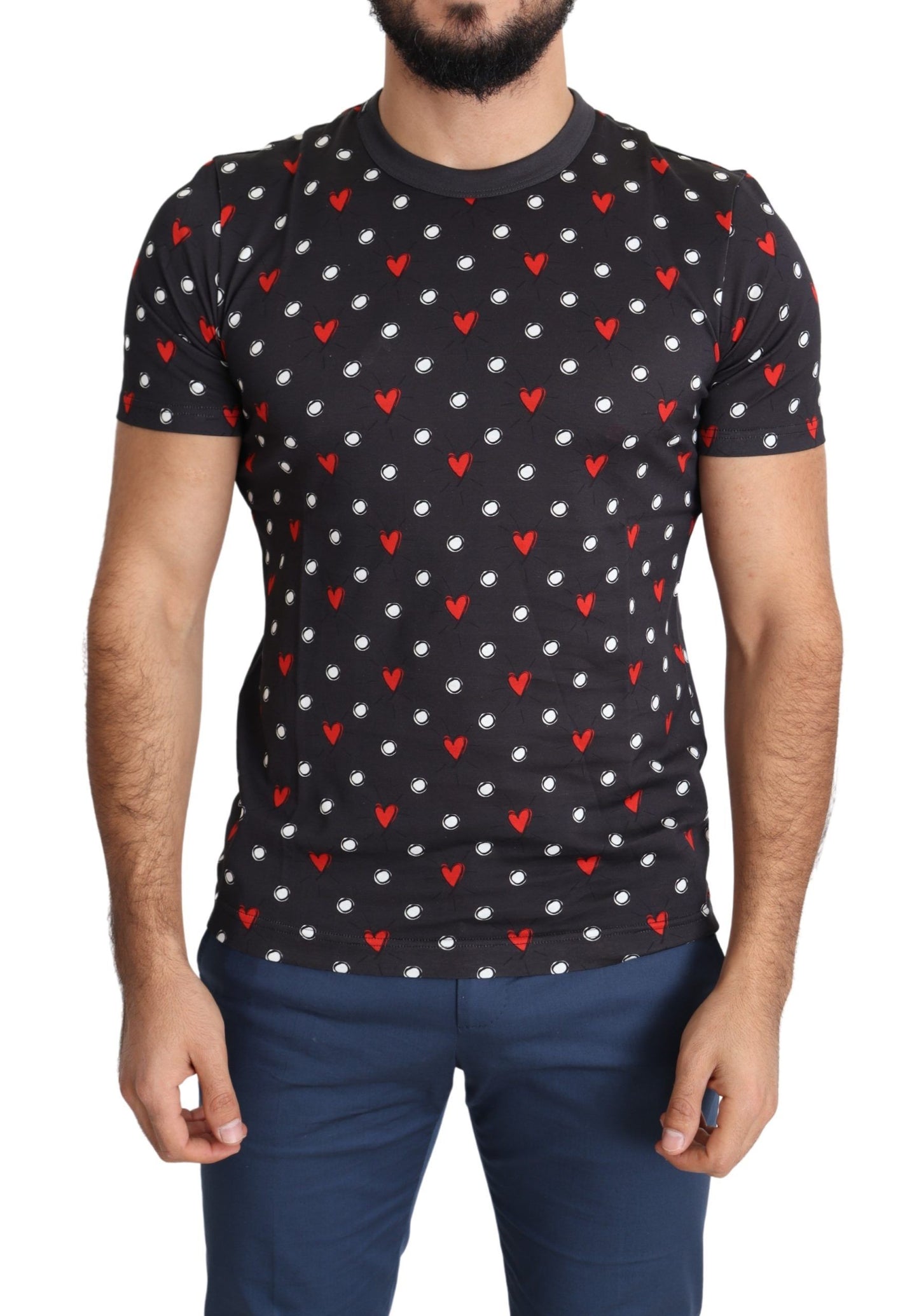 Dolce &amp; Gabbana Dunkelgraues Herren-T-Shirt aus Baumwolle mit Herz-Print