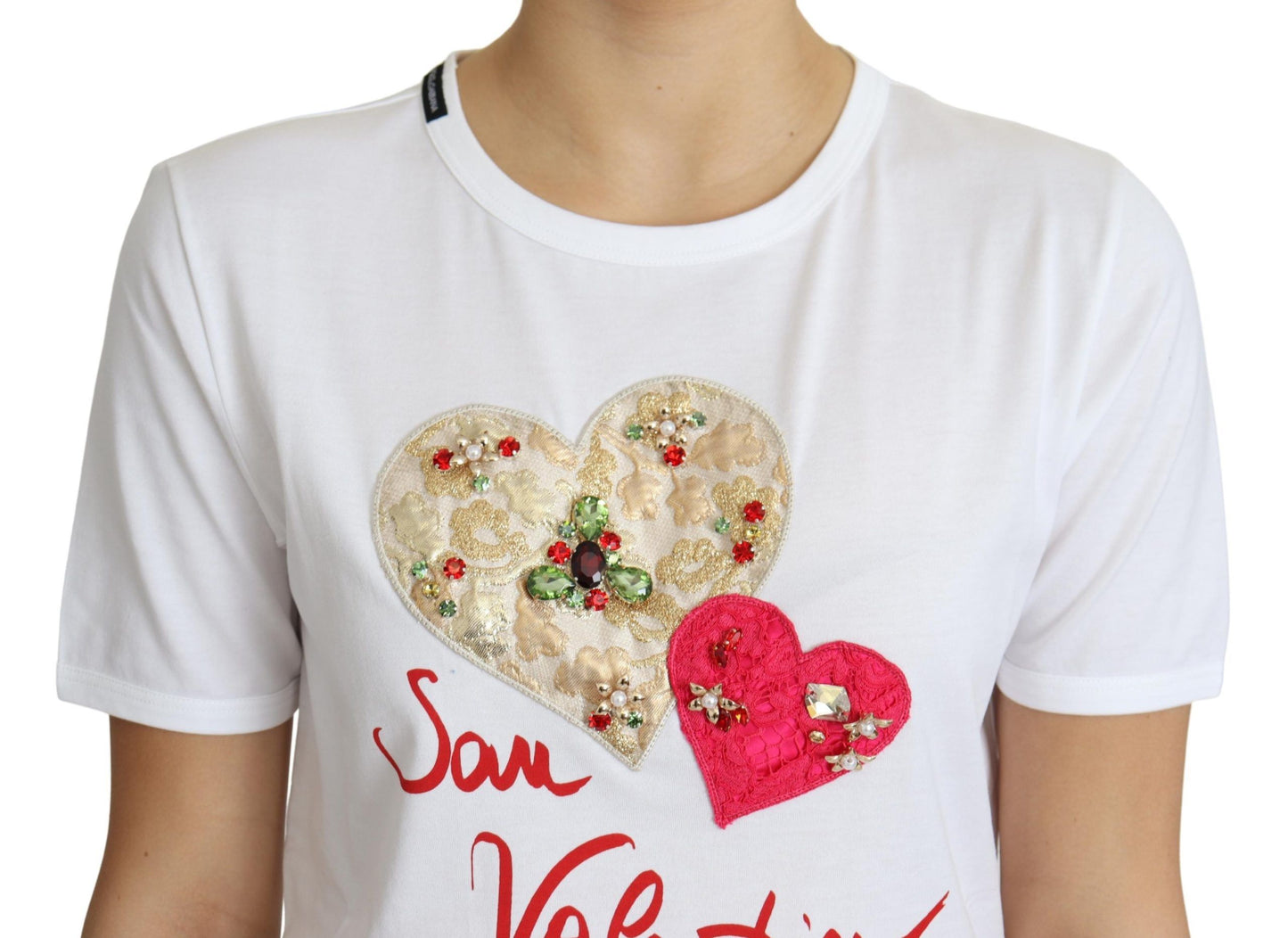 Dolce &amp; Gabbana Haut T-shirt Blanc San Valentino Avec Cristaux Coeur