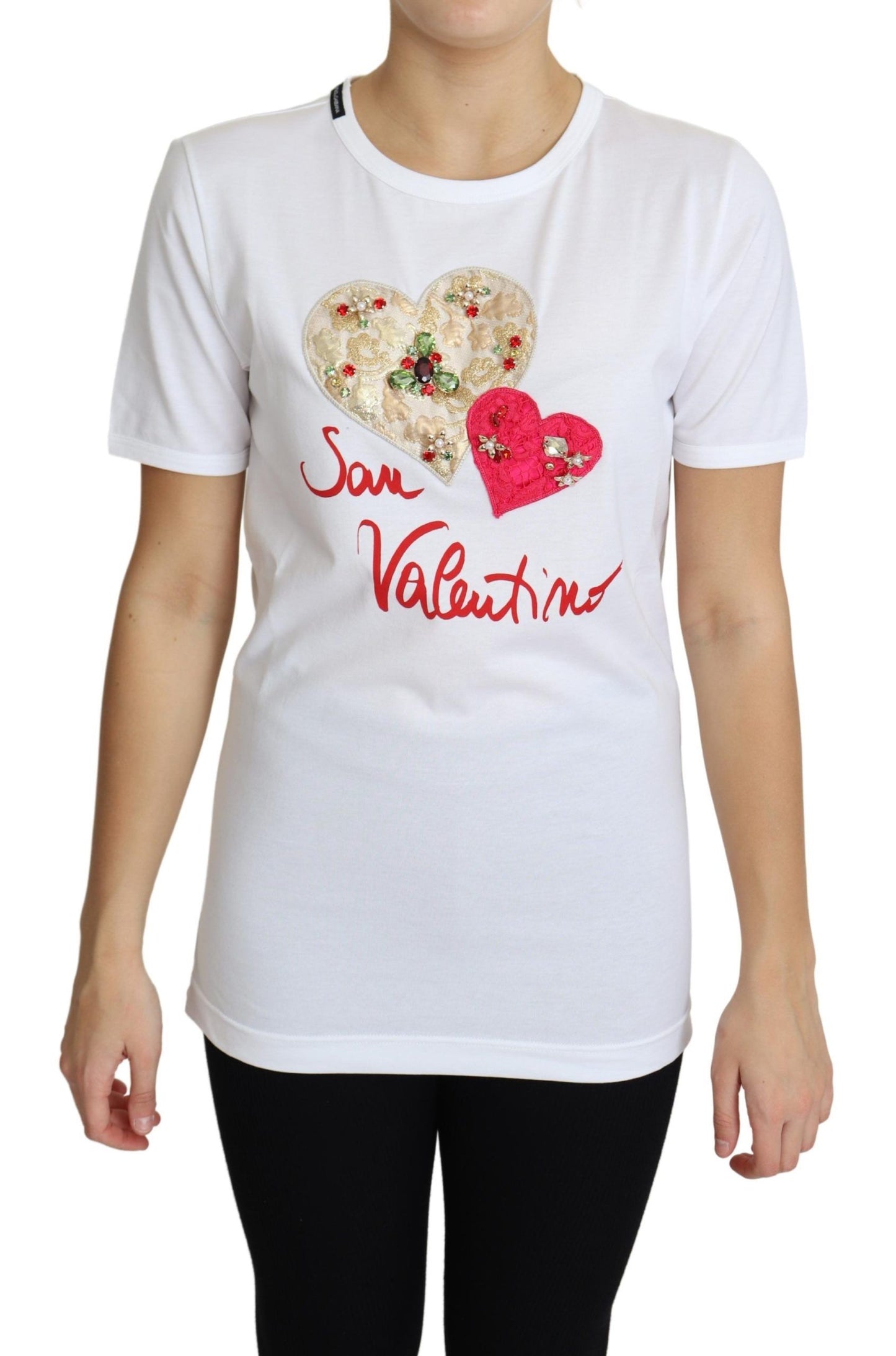 Dolce &amp; Gabbana Haut T-shirt Blanc San Valentino Avec Cristaux Coeur