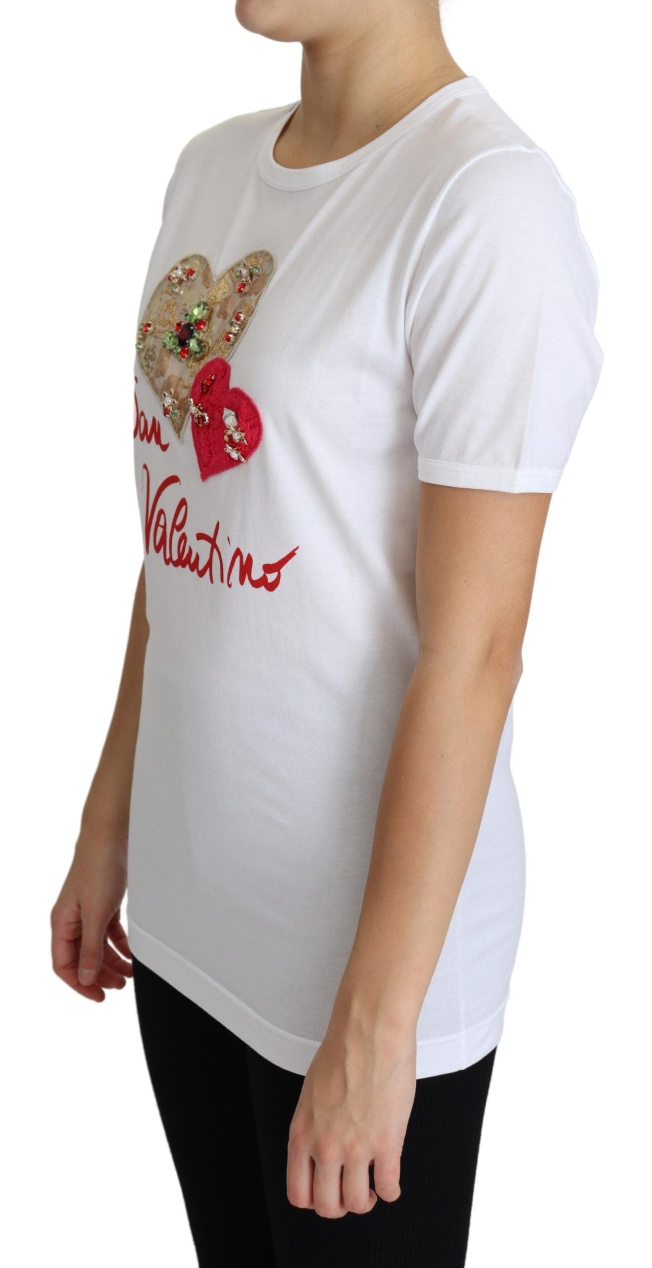 Dolce &amp; Gabbana Haut T-shirt Blanc San Valentino Avec Cristaux Coeur