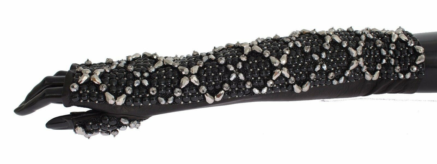 Dolce &amp; Gabbana Gants sans doigts en cuir noir avec perles de cristal