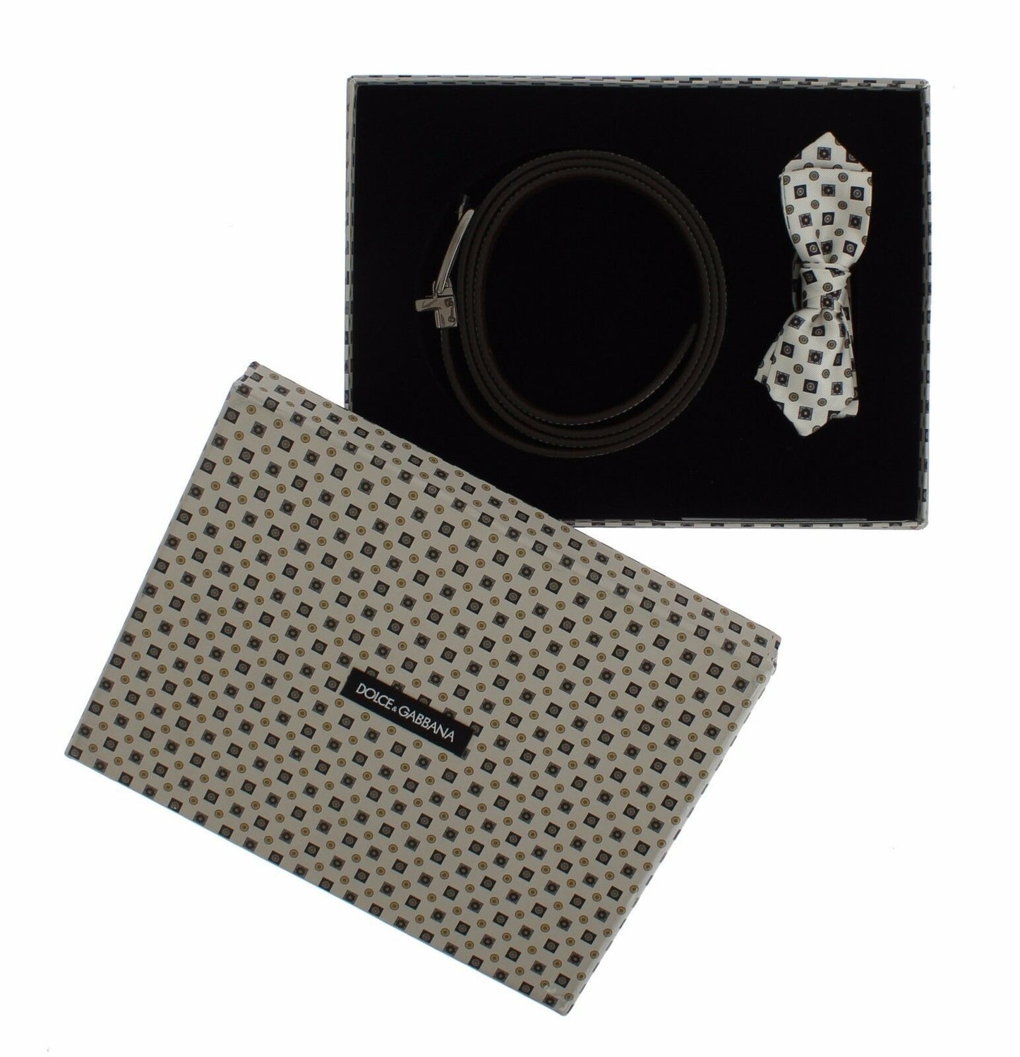 Dolce &amp; Gabbana Coffret cadeau de ceinture en cuir avec nœud papillon en soie blanche pour homme