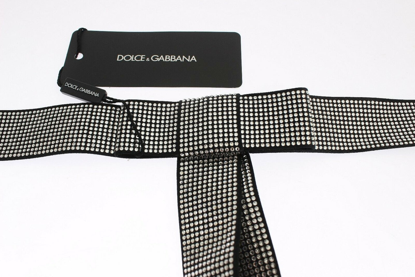 Dolce &amp; Gabbana Ceinture en soie noire avec nœud en cristal transparent