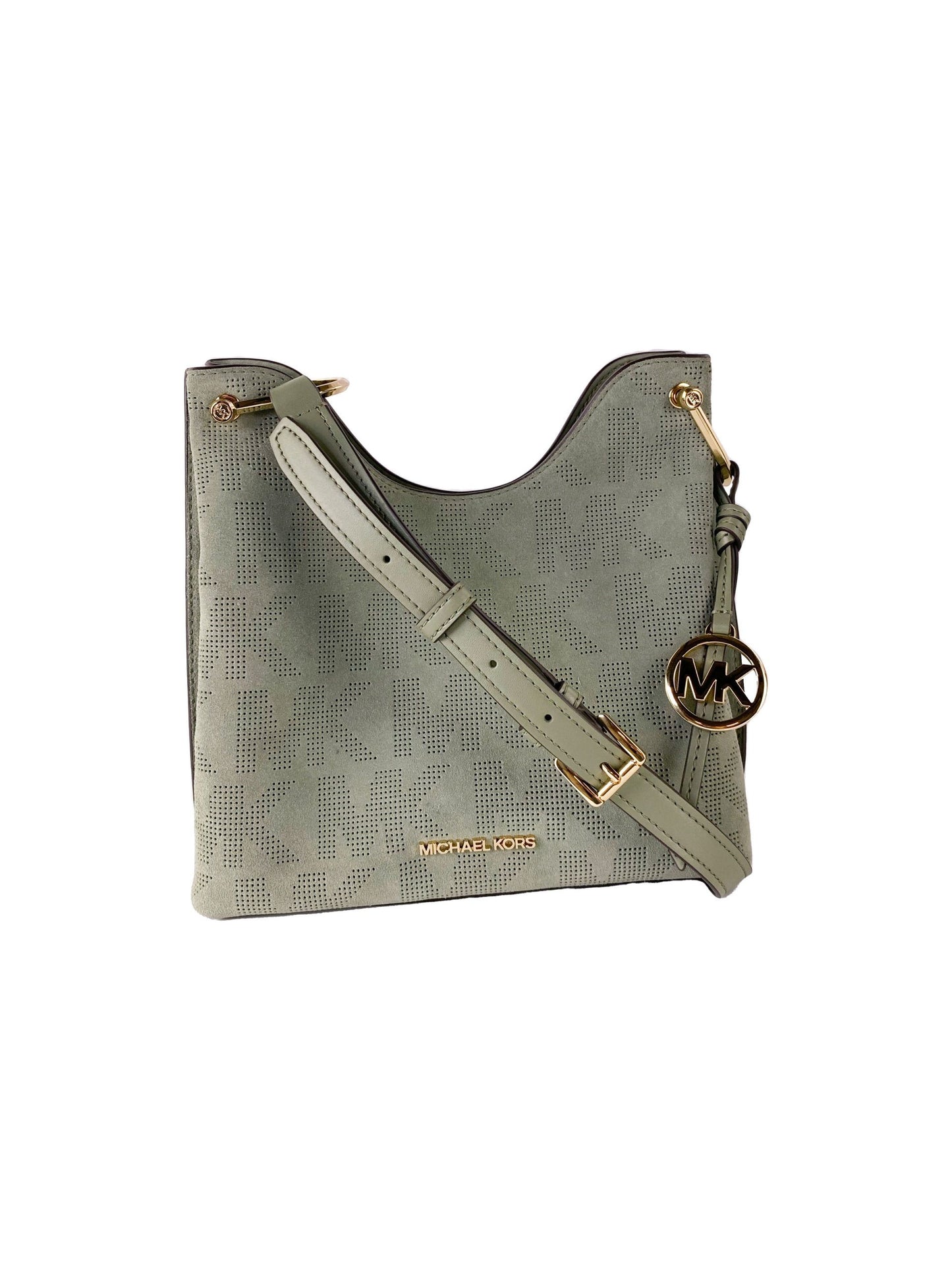 Michael Kors Joan Große Slouchy Messenger-Handtasche aus perforiertem Wildleder (Armeegrün)