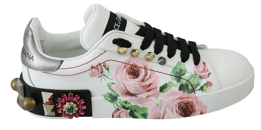 Dolce &amp; Gabbana Chaussures de baskets florales en cuir blanc avec roses en cristal