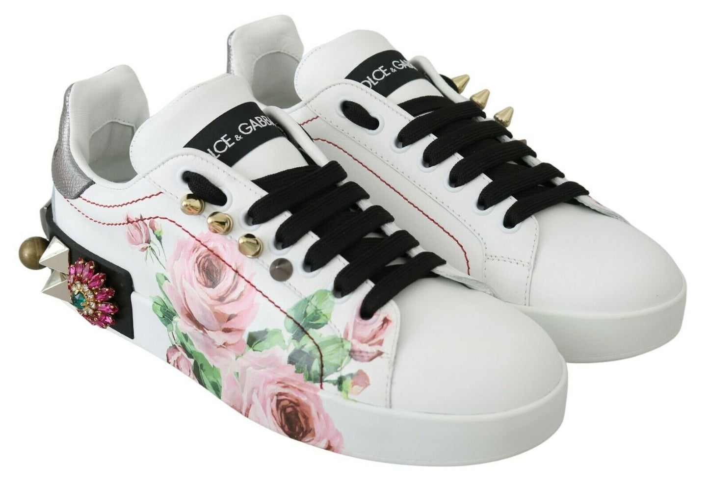 Dolce &amp; Gabbana Sneakers-Schuhe aus weißem Leder mit Kristallrosen und Blumenmuster