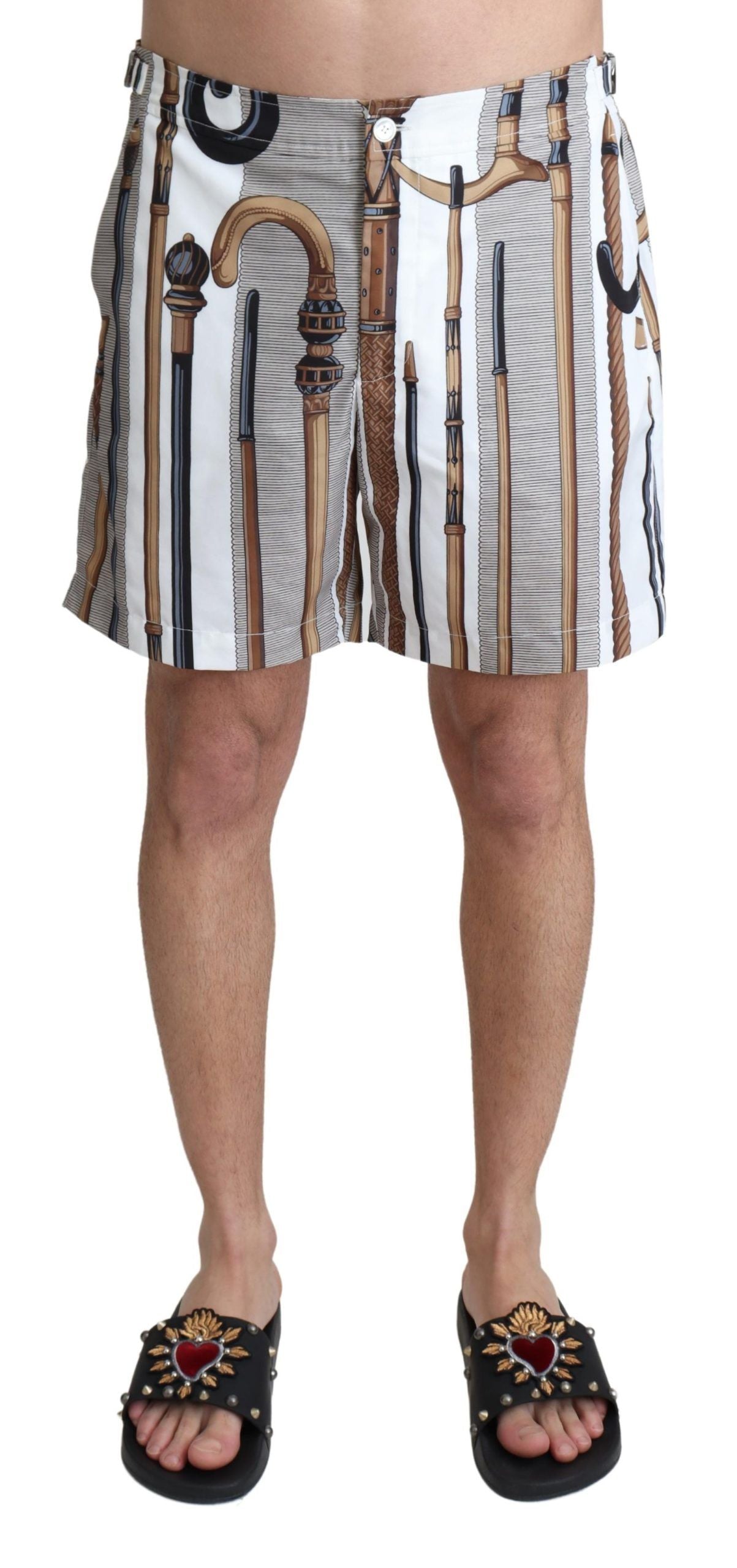 Dolce &amp; Gabbana White Walking Stick Beachwear Shorts Badeshorts